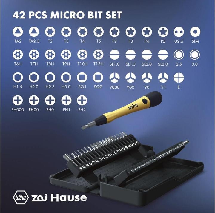 Actual product image Wiha Micro Bit Set (Phillips PH M000 cross, Cross Phillips PH M00, Cross Phillips PH M0, Cross Phillips PH M1, Cross Phillips PH M2, Screw slot M3, Screw slot M2, Hexagon socket TX M5, Hexagon socket TX M4, Hexagon socket TX M3, Hexagon socket TX M2)