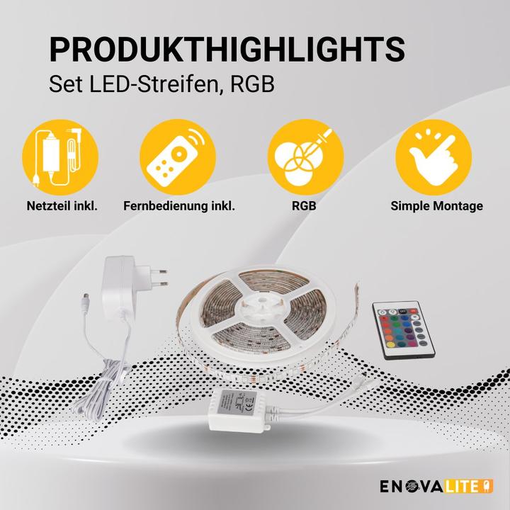 Actual product image Enovalite Set of LED strips, RGB, including remote control and power supply unit (RGB, 500 cm, Indoor)