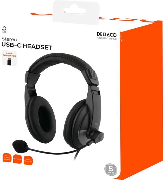 Actual product image Deltaco HL-50C Headset, 40mm element, USB-C, volume control black (Cable)
