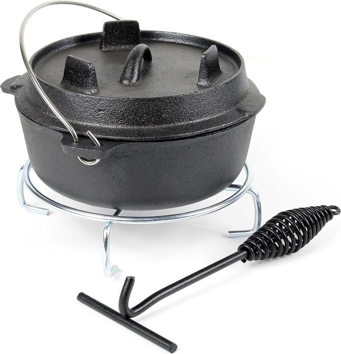 Wiltec Dutch Oven 3l with Feet and Lid Lifter, Cast Iron Pot for Campfire Bonfire Camping BBQ Cookware