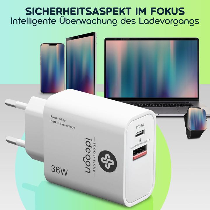 Image du produit Ideoon 2er Set Dual 36Watt USB Ladegerät, 1x USB-C und USB-A, PD- & QC-Netzteil, GaN III, weis (36 W, 2 ports)