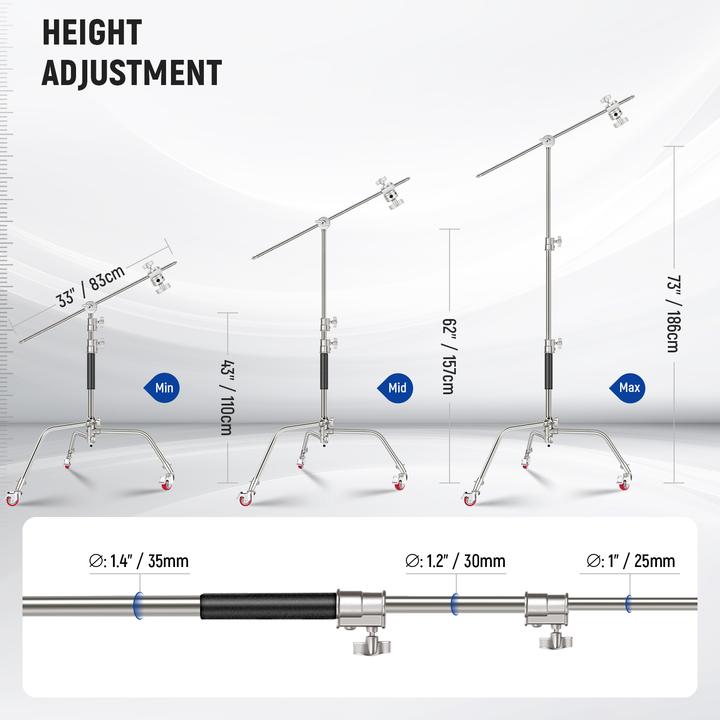 Actual product image Neewer SC186W Stainless Steel Heavy Duty C Stand with Boom Arm (186 cm, 20 kg)
