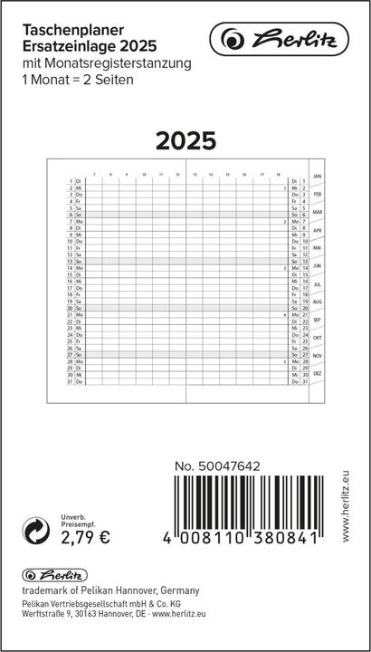 Produktbild Herlitz Taschenplaner Ersatzeinlage m.R. 20 1 Monat=2 Seiten, Registerschnitt (Deutsch)