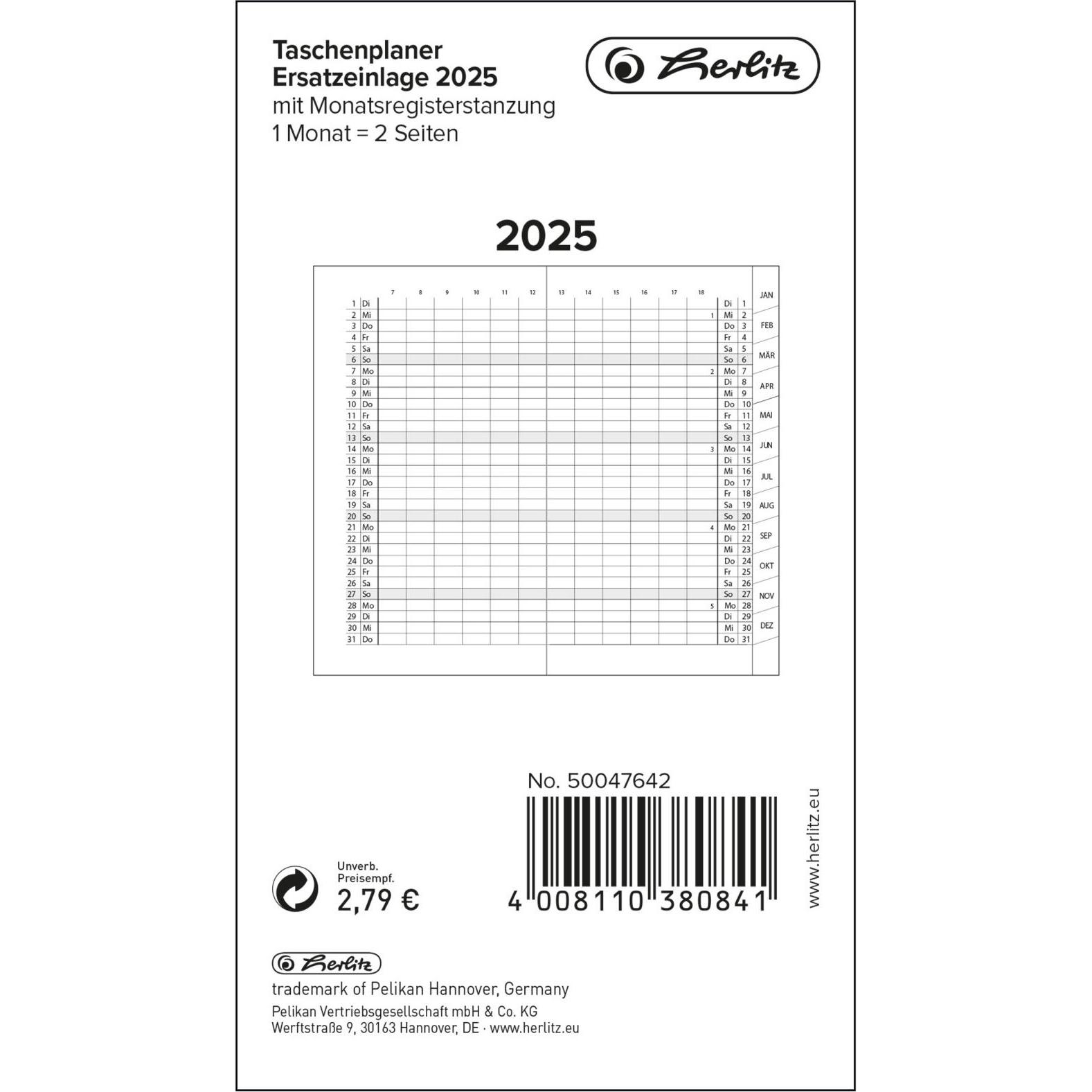 Herlitz, Agenda, Taschenplaner Ersatzeinlage m.R. 20 1 Monat=2 Seiten, Registerschnitt (Deutsch)