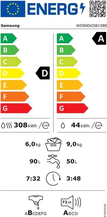 Energy Label Samsung WD90DG5B15BEET Washer-dryer Crystal WiFi 96Kg AI