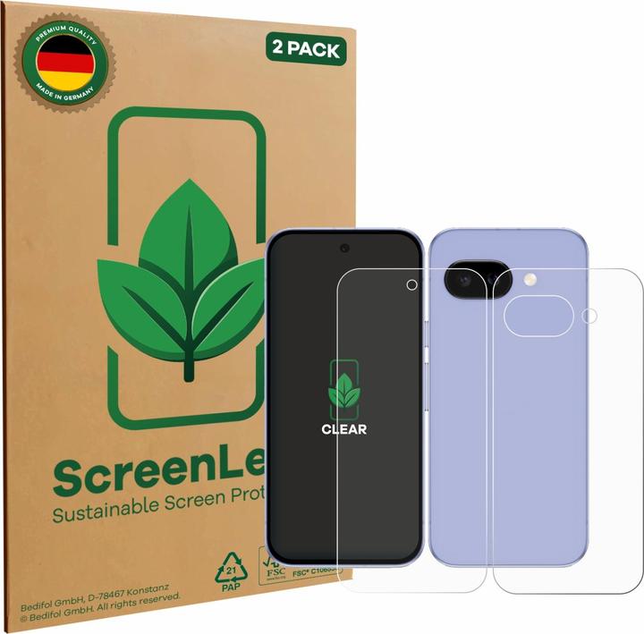 Produktbild ScreenLeaf Schutzfolie nachhaltiger Displayschutz Display Schutz Folie Klar Transparent (2 Stk., Google Pixel 9a)