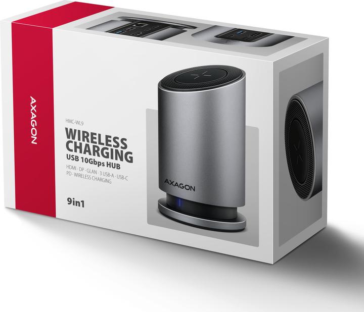 Produktbild Axagon HMC-WL9 9-in-1-Hub USB-C 10 Gbit/s kabelloses Laden Grau (USB-C, 9 Ports)