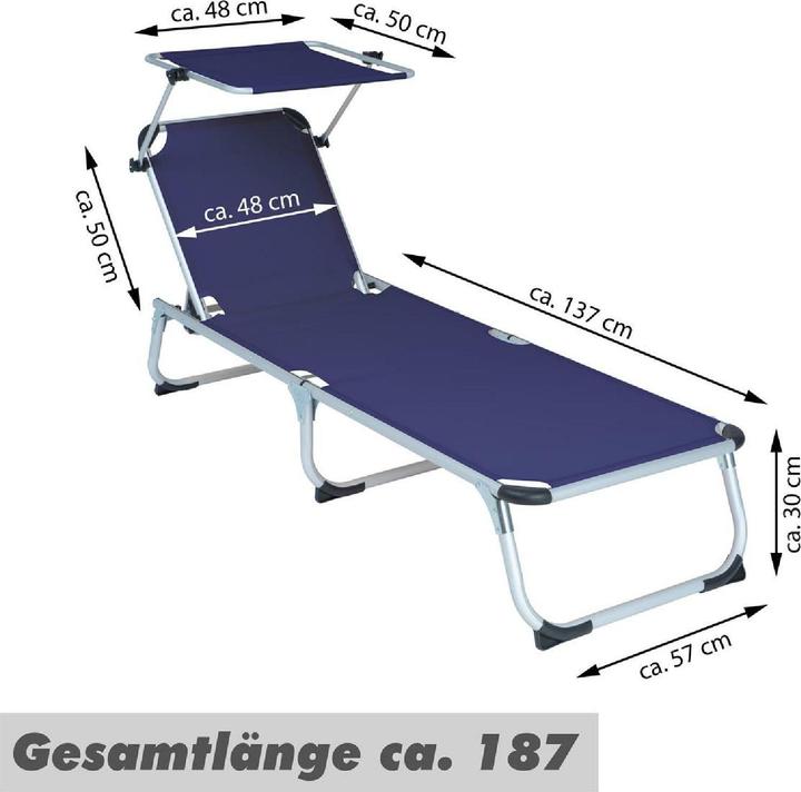 Actual product image VCM Sonnenliege Sonnendach Blau 187x58x30 cm Alu Campingliege klappbar (187 cm)