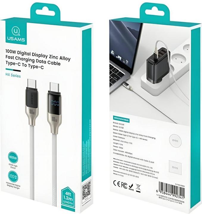 Produktbild Usams USB-C to USB-C Cable 100W 1.2m Digital Display Zinc Alloy Fast Charging Data Cable HX Seri (1.20 m, 100 W)