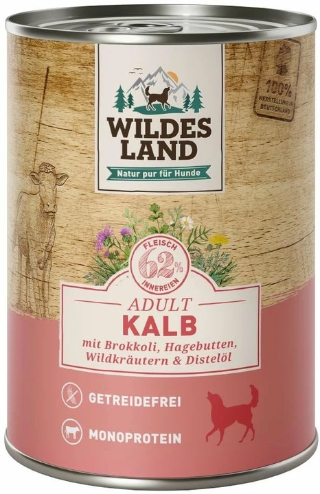 Immagine prodotto Wildes Land Cibo umido Vitello con Broccoli, Rosa Canina ed Erbe Selvatiche 400 g (Adulto, 1 pz., 1000 g)