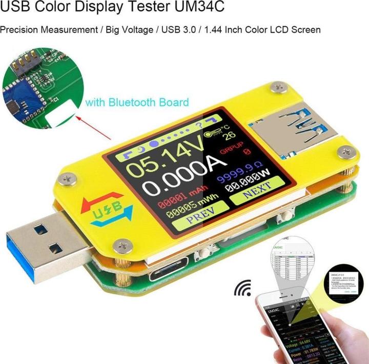 Produktbild PowerGuard UM34C USB Multimeter mit Bluetooth für USB-C & USB-A (Hand-Multimeter)