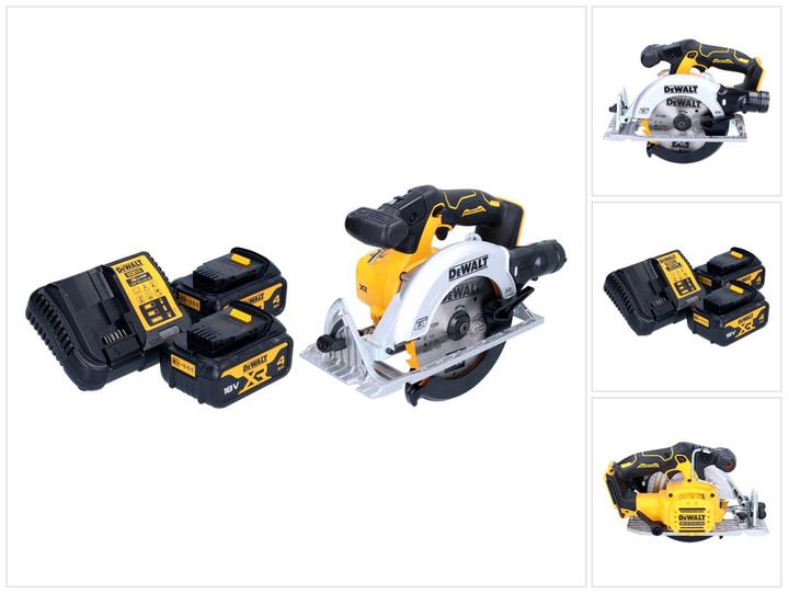 1x DeWalt DCS 565 cordless portable circular saw, 1x saw blade, 1x rip fence, 1x dust extraction adapter, 2x DeWalt DCB 182 18 V 4.0 Ah battery, 1x DeWalt DCB charger