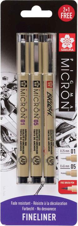 Sakura Pigma Micron fineliner set | 3 pens, 0.25 mm + 0.45 mm + 1 Pigma Brush for free, black (Black, 3 x)