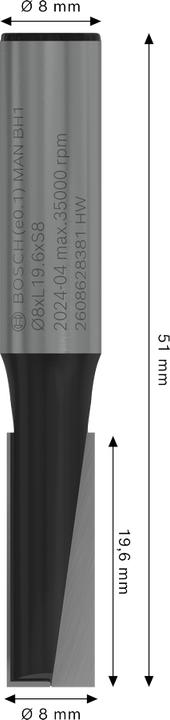 Immagine prodotto Bosch Professional Zubehör Fresa per scanalature, 8 mm, D1 8 mm, L 19,6 mm, G 51 mm. Per le frese manuali