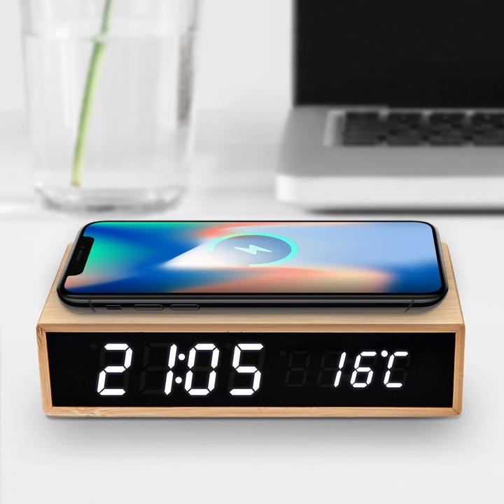 Actual product image Mikamax Bamboo Wireless Charger Clock (15 W)