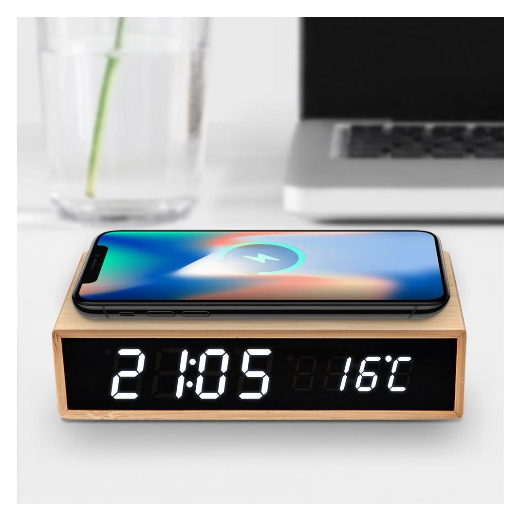 Mikamax Bamboo Wireless Charger Clock (15 W), Wireless Charger, Braun