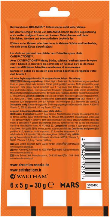 Nutritional values and ingredients Dreamies Meaty Sticks Chicken (Adult, 1 pcs., 30 g)