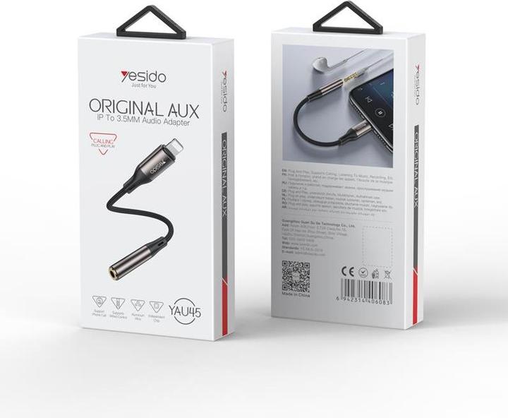 Actual product image Yesido Lightning to 3.5 mm AUX Audio Adapter, 13cm – Black/gray (0.13 m, AUX cable)