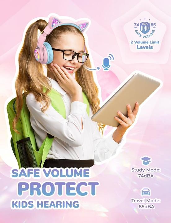 Produktbild Iclever Bluetooth-Kinderkopfhörer mit LED-Katzenohren