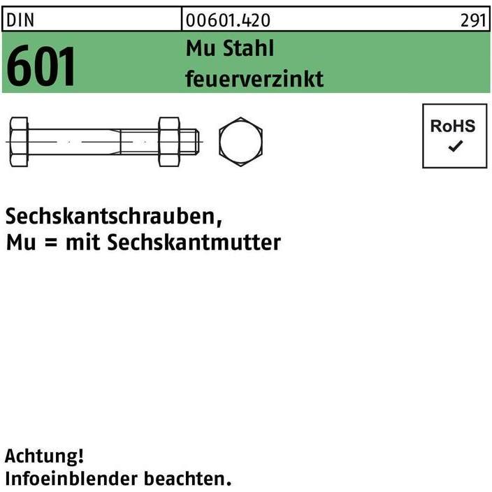 Schrauben, Sechskantschraube DIN 601 m.Sechskantmutter M 24 x 200 Mu Stahl 4.6 feuerverzinkt (10 Schrauben pro Stück)