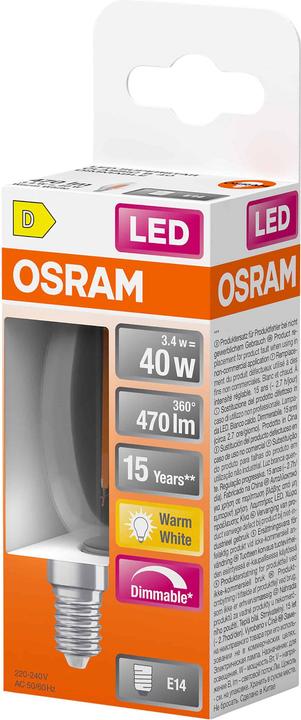 Produktbild Osram LED Leuchtmittel LED Retrofit CLASSIC B DIM 3.4W 827 Clear E14 Dimmbar Warm weiss 4099854445712 (E14, 470 lm, 1x)