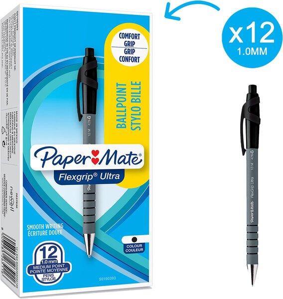 Image du produit Paper Mate Flexgrip Ultra Clip-on Stylo à bille rétractable Medium 12 pièces (Noir, gris, 12x)