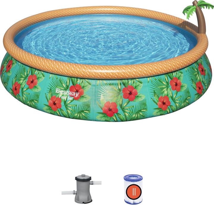 Produktbild Bestway - Fast Set - Opblaasbaar zwembad inclusief filterpomp - 457x84 cm - Paradijsprint - Rond (457 x 84 cm)