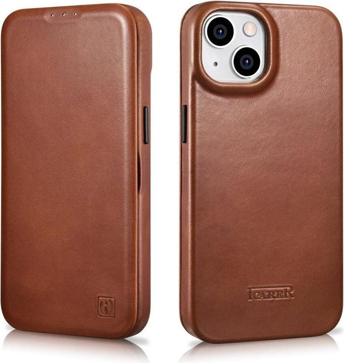 Actual product image iCarer CE Oil Wax Premium Leather Folio Case for iPhone 14 Plus Magnetic Flip Case MagSafe Brown (AK (Apple iPhone 14 Plus)
