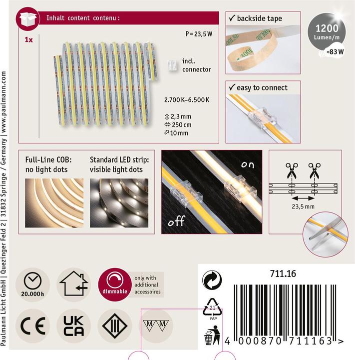 Produktbild Paulmann MaxLED 1000 Full-Line COB Stripe (Kaltweiss, Warmweiss, Neutralweiss, 250 cm, Indoor)