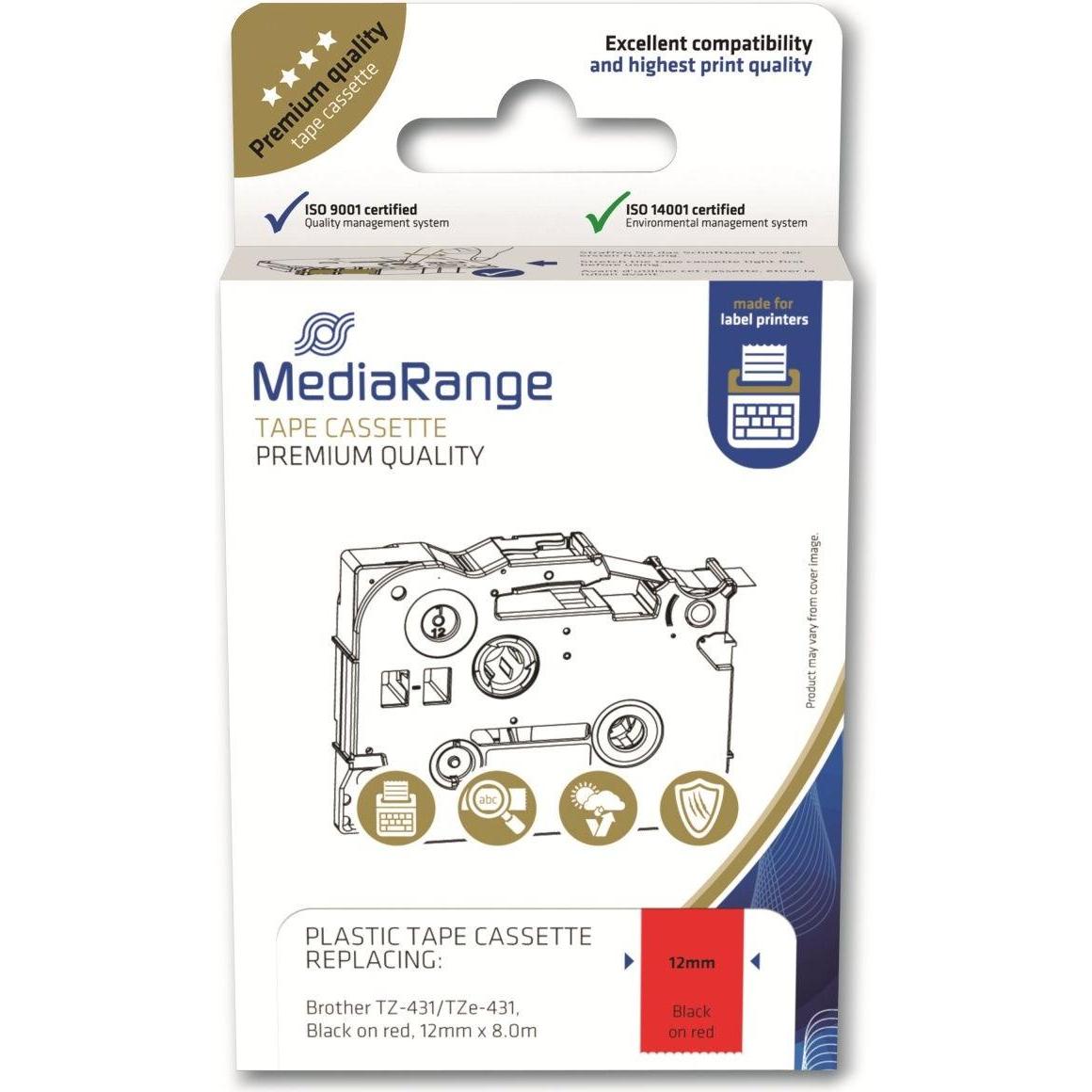 MediaRange, Beschriftungsband, Schriftbandkassette 12mm schw/rot Brother TZ-431/TZe-431 8m (1.20 cm, Schwarz)