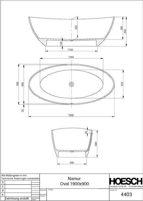 Immagine prodotto Hoesch Vasca da bagno NAMUR 1900x900x450mm free standing bianca (370 l, 190 cm, 90 cm)