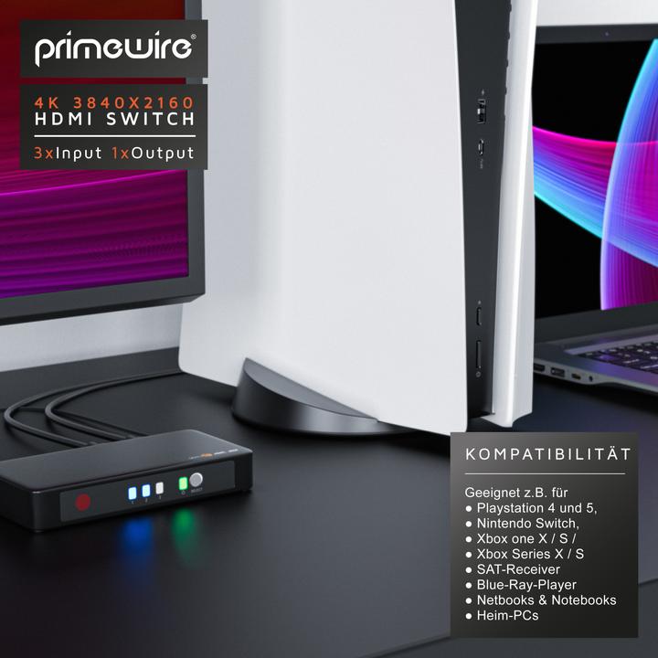 Produktbild Primewire 4k HDMI Switch 3 Port mit Fernbedienung / 3D + CEC / 2160p 30Hz