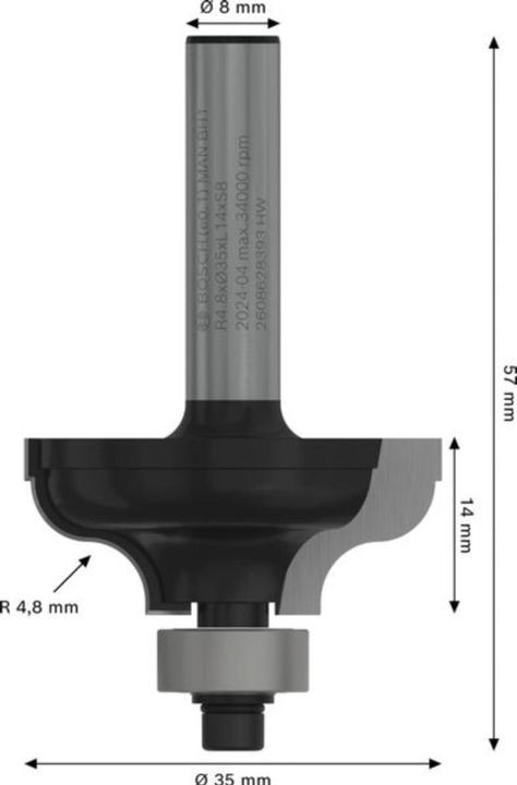 Produktbild Bosch Professional Zubehör Kantenformfräser A, 8 mm, R1 4,8 mm, B 11 mm, L 14,3 mm, G 57 mm