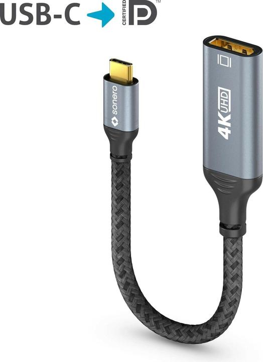 Produktbild Sonero USB-C/DP-Adapter, 4K60, 18Gbps, Stecker/Buchse, grau/schwarz, 10 cm (USB Typ-C, 16 cm)