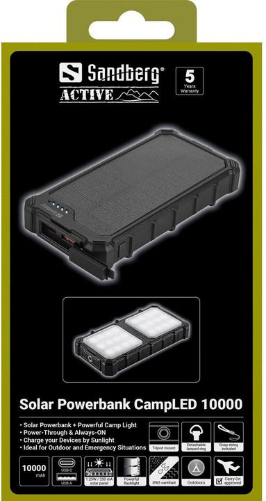 Produktbild Sandberg Solar Powerbank CampLED 10000 (10000 mAh, 22.50 W, 37 Wh)