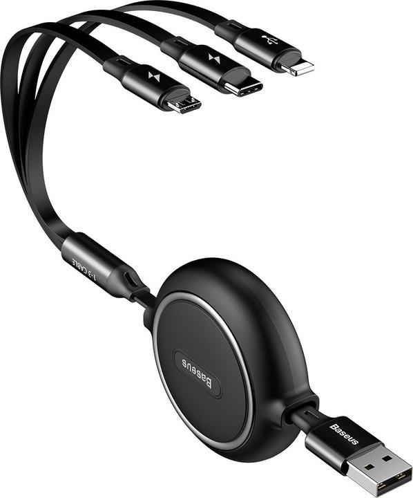Productafbeelding Baseus Golden Loop Drie-in-één Elastische Datakabel USB voor M+L+T 3,5A 1,2m Zwart (1.20 m, USB 3.2 Gen 1)