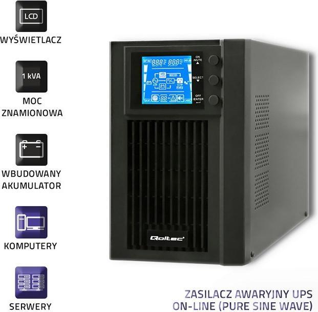 Immagine prodotto Qoltec 53042 Gruppo di continuità| On-line| Onda sinusoidale pura| 1kVA| (1000 VA, 800 W, Doppio convertitore online UPS)