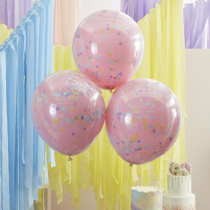 Actual product image Ginger Ray Confetti Balloons Double Layer in Pink Pastel with Rainbow Confetti (3 x)