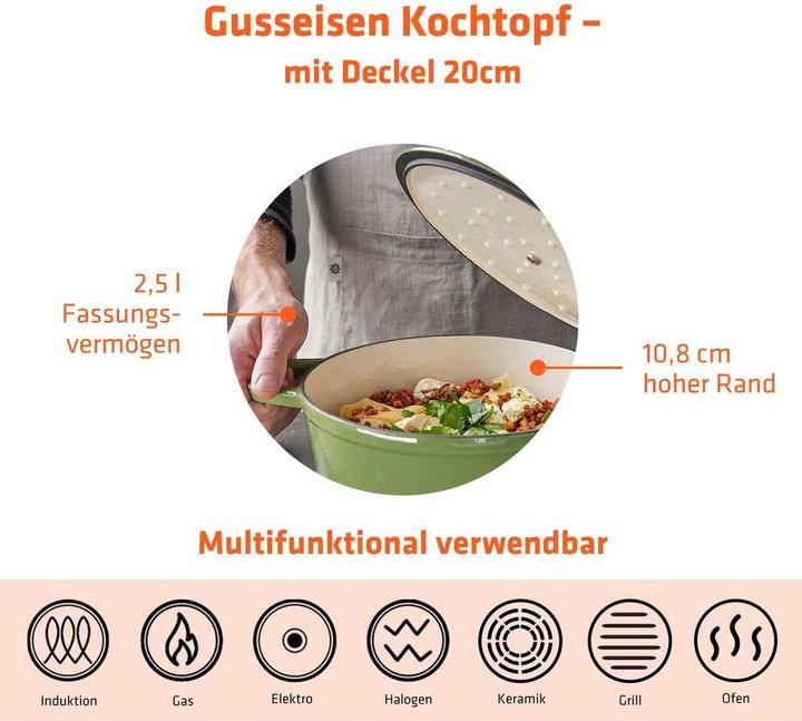 Actual product image Berndes Cocotte casserole B.IRON cast iron round 20 cm 2.5 litres sage green INDUCTION (Casserole + Stewpot, Cast iron, 14.60 x 10.80 cm)