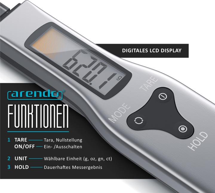 Produktbild Arendo Löffelwaage Feinwaage digital, 0,1 g, 1–500 g, LCD-Anzeige, Einheiten g oz gn ct, abnehmbarer Löffel