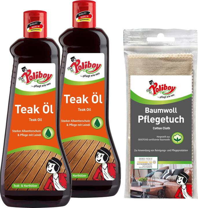 Actual product image Poliboy 2x 500ml Teak Öl dunkel + Baumwolltuch (Darkness, 1 l)