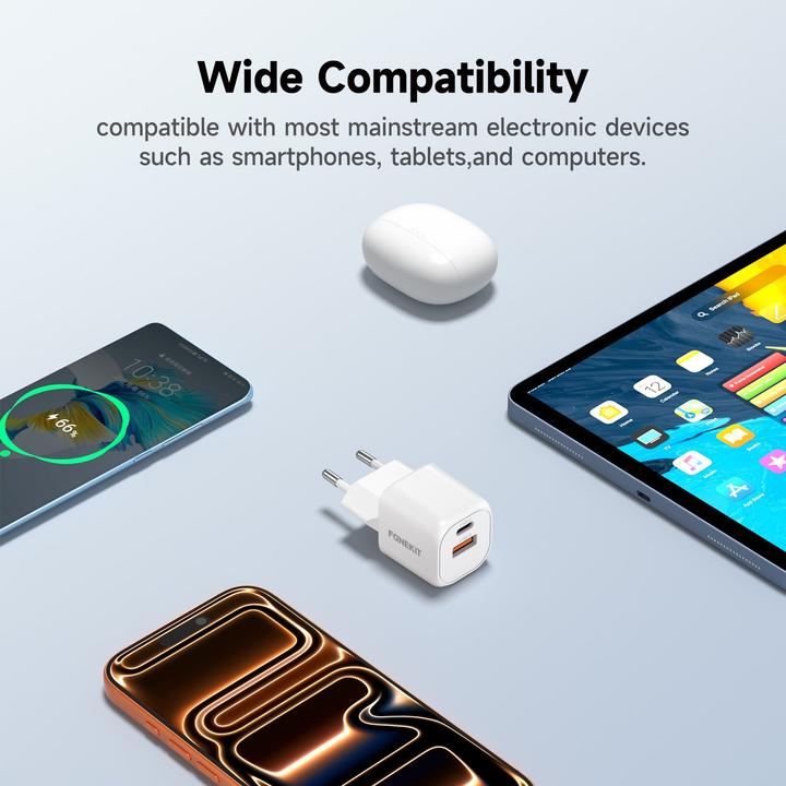 Image du produit FoneKit Mini 20W Charger, USB-C + USB-A, white (20 W, 2 ports)
