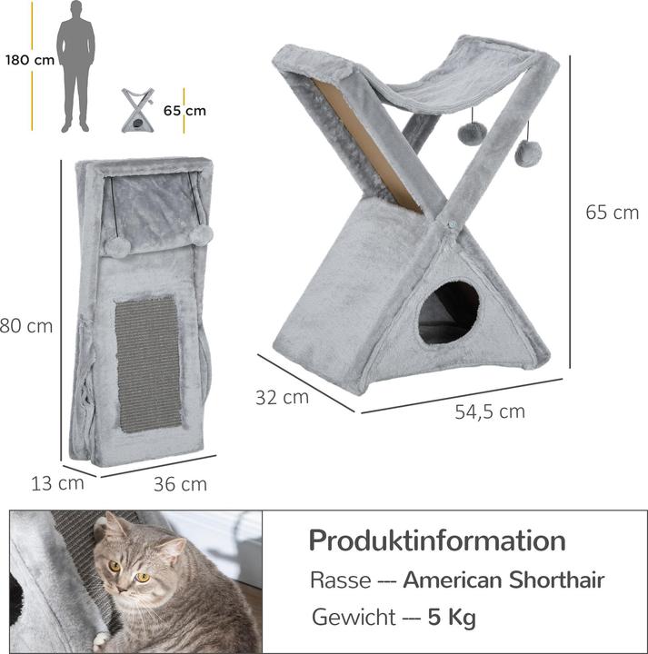 Image du produit PawHut Tour pour chats avec grotte et hamac (65 cm, Gris)