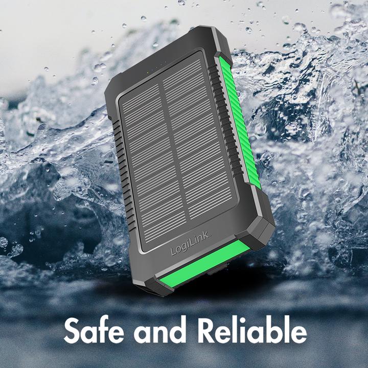 Actual product image LogiLink Solar power bank 8000 mAh, torch, 2x USB-A, green-black (8000 mAh, 10 W, 29.60 Wh)