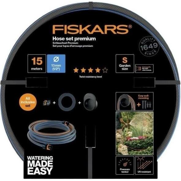 Fiskars, Gartenschlauch, Wasserschlauch-Set, Mit 2 Schlauchanschlüssen und Wandhalterung, Universalgrösse, Verwindungs (...
