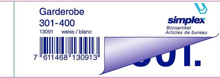 Produktbild Simplex Garderobeblocks 301-400 weiss (100x)