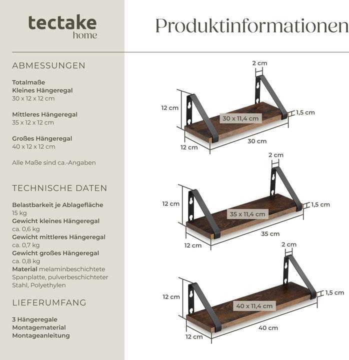 Actual product image tectake 3 hanging shelves Cowell (40 x 12 x 12 cm)