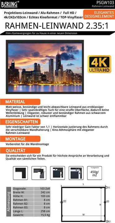 Produktbild Berling Rahmen-Leinwand, 2.35:1, 103" (242x103cm), Premium-Linie, (103", 2.35:1)