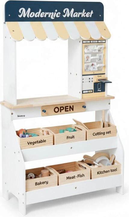 Hermex Holz-Kaufladen mit Zubehör Kinder Marktstand Kaufmannsladen