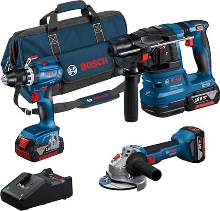 Bosch Professional Accu-Kombiset mit Schrauber, Bohrhammer, Schleifer, 3 Akkus, Ladegerät und Tasche